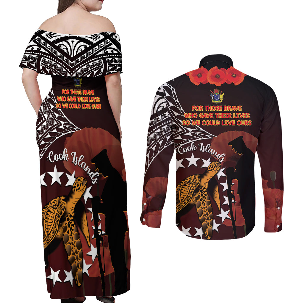 Cook Islands ANZAC Day Couples Matching Off Shoulder Maxi Dress and Long Sleeve Button Shirt Poppies With Sea Turtle LT14 - Polynesian Pride