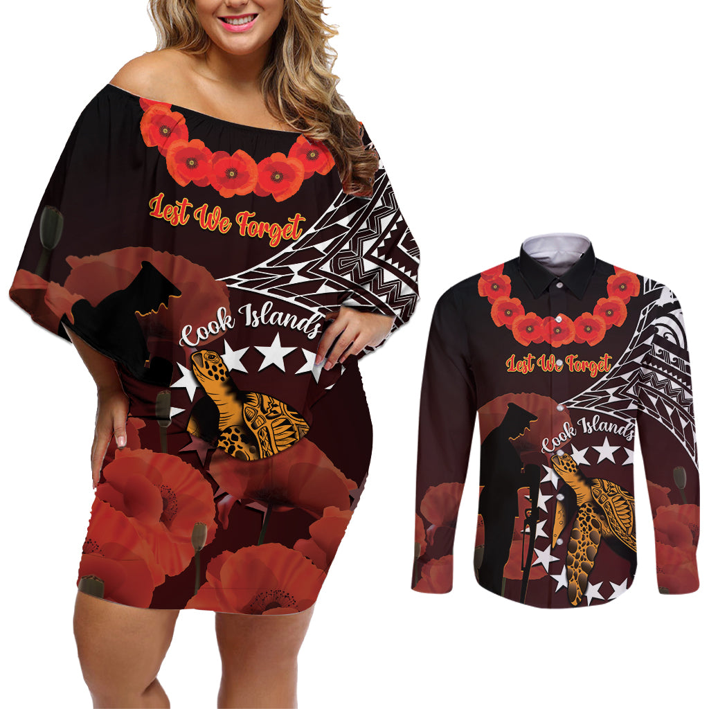 Cook Islands ANZAC Day Couples Matching Off Shoulder Short Dress and Long Sleeve Button Shirt Poppies With Sea Turtle LT14 Red - Polynesian Pride
