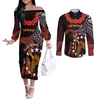 Cook Islands ANZAC Day Couples Matching Off The Shoulder Long Sleeve Dress and Long Sleeve Button Shirt Poppies With Sea Turtle LT14 Red - Polynesian Pride