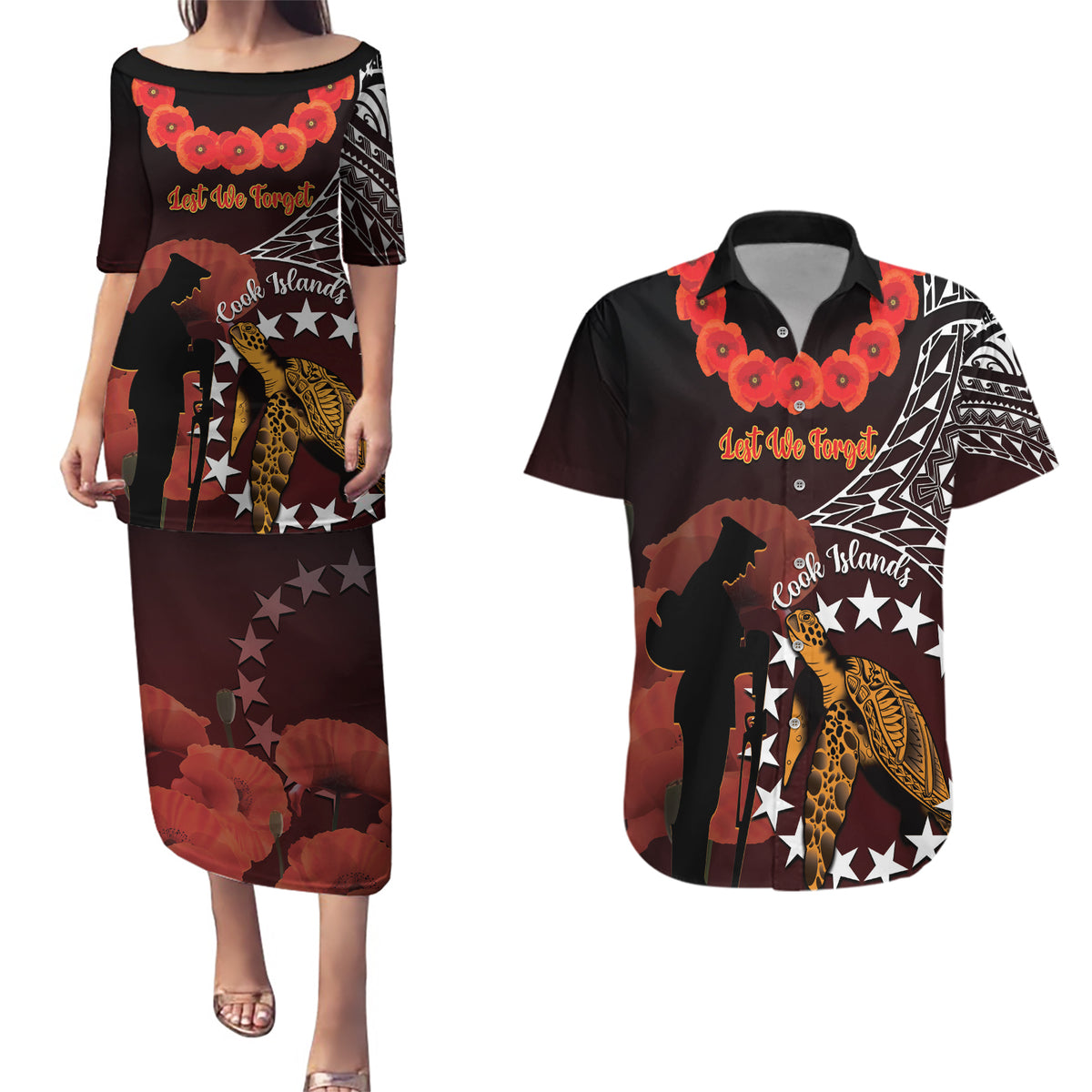 Cook Islands ANZAC Day Couples Matching Puletasi and Hawaiian Shirt Poppies With Sea Turtle LT14 Red - Polynesian Pride