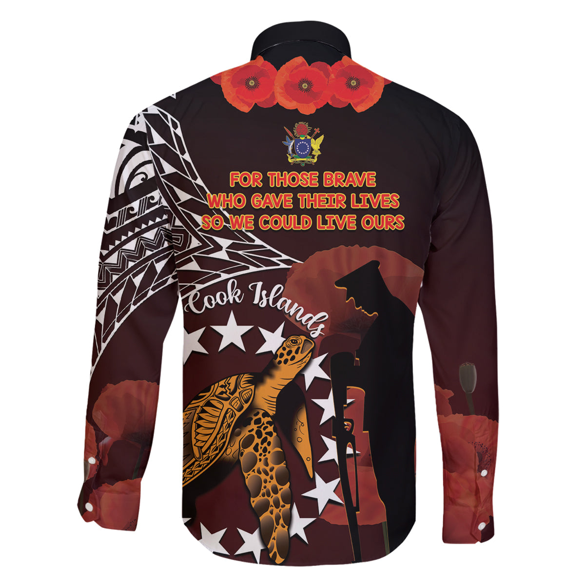 Cook Islands ANZAC Day Family Matching Off Shoulder Long Sleeve Dress and Hawaiian Shirt Poppies With Sea Turtle LT14 - Polynesian Pride