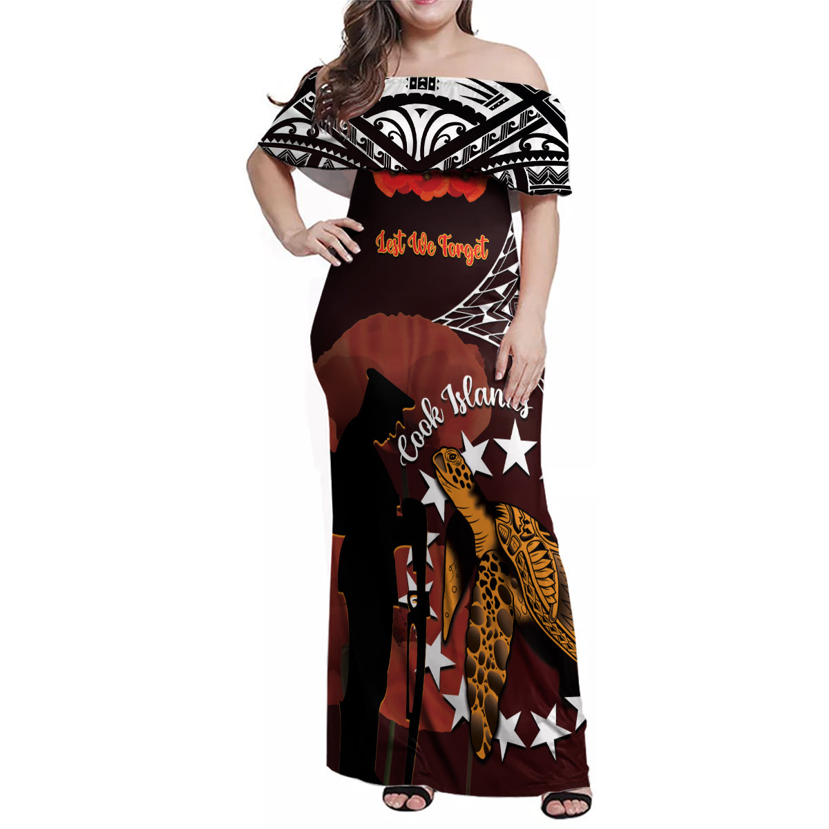 Cook Islands ANZAC Day Family Matching Off Shoulder Maxi Dress and Hawaiian Shirt Poppies With Sea Turtle LT14 Mom's Dress Red - Polynesian Pride