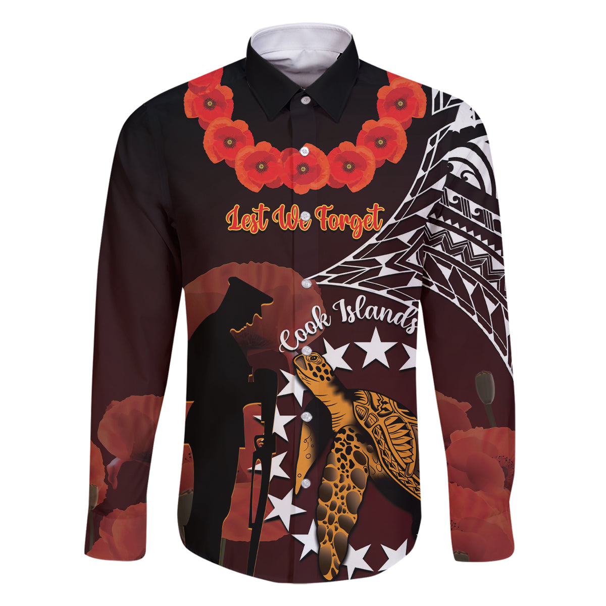 Cook Islands ANZAC Day Family Matching Off Shoulder Short Dress and Hawaiian Shirt Poppies With Sea Turtle LT14 Dad's Shirt - Long Sleeve Red - Polynesian Pride