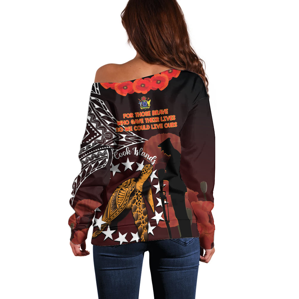 Cook Islands ANZAC Day Off Shoulder Sweater Poppies With Sea Turtle LT14 - Polynesian Pride