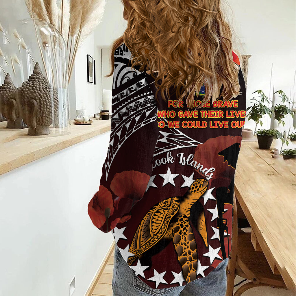 Cook Islands ANZAC Day Women Casual Shirt Poppies With Sea Turtle LT14 - Polynesian Pride