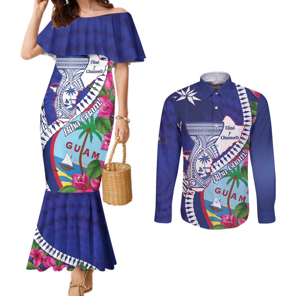 Biba Guam Liberation Day Couples Matching Mermaid Dress and Long Sleeve Button Shirt Tano y Chamoru Latte Stone Blue