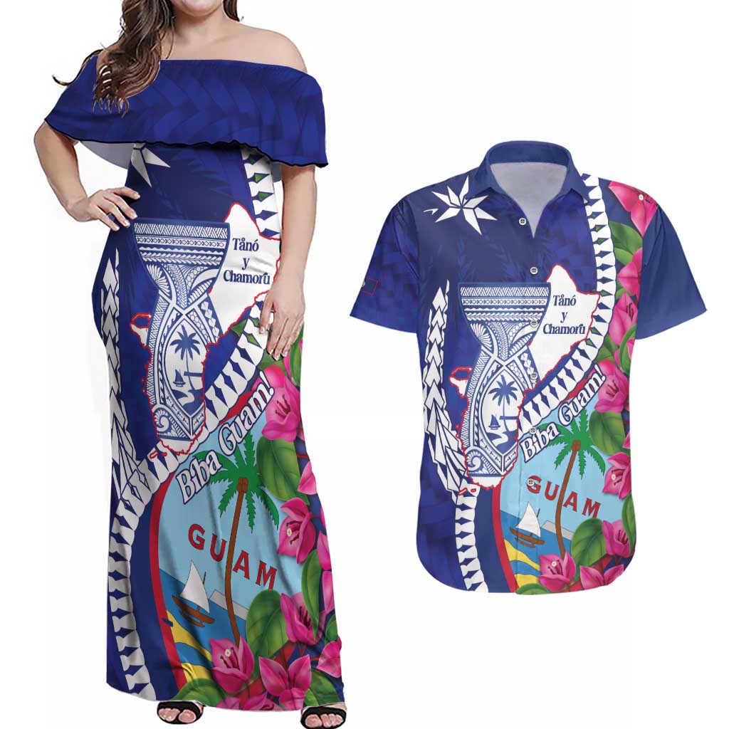 Biba Guam Liberation Day Couples Matching Off Shoulder Maxi Dress and Hawaiian Shirt Tano y Chamoru Latte Stone Blue