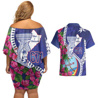 Biba Guam Liberation Day Couples Matching Off Shoulder Short Dress and Hawaiian Shirt Tano y Chamoru Latte Stone Blue