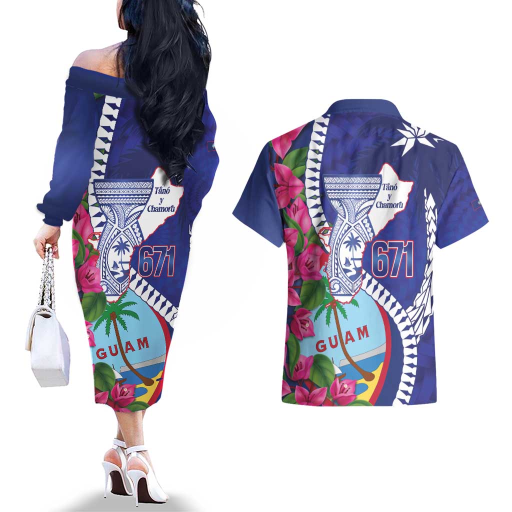 Biba Guam Liberation Day Couples Matching Off The Shoulder Long Sleeve Dress and Hawaiian Shirt Tano y Chamoru Latte Stone Blue LT14 - Polynesian Pride