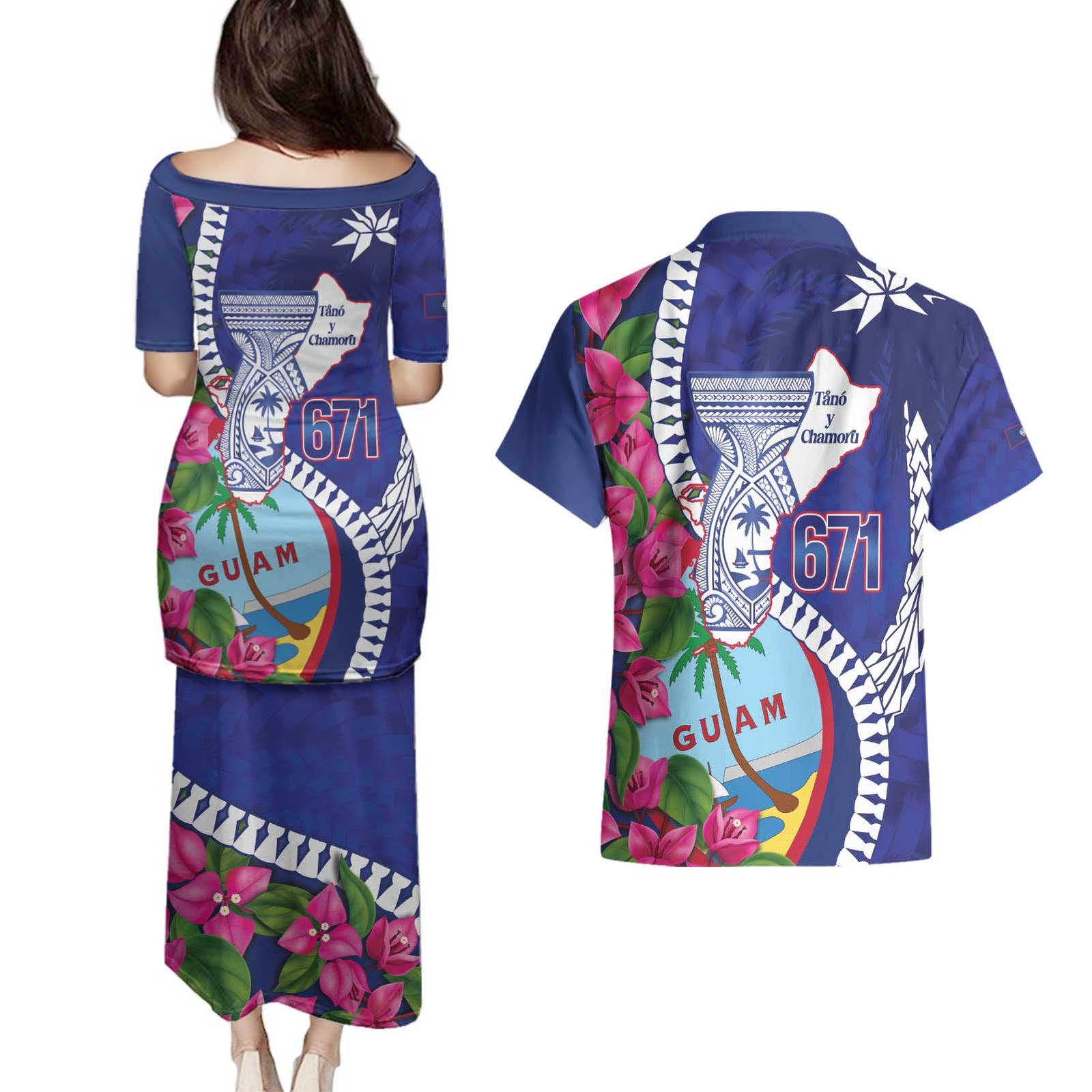 Biba Guam Liberation Day Couples Matching Puletasi and Hawaiian Shirt Tano y Chamoru Latte Stone Blue