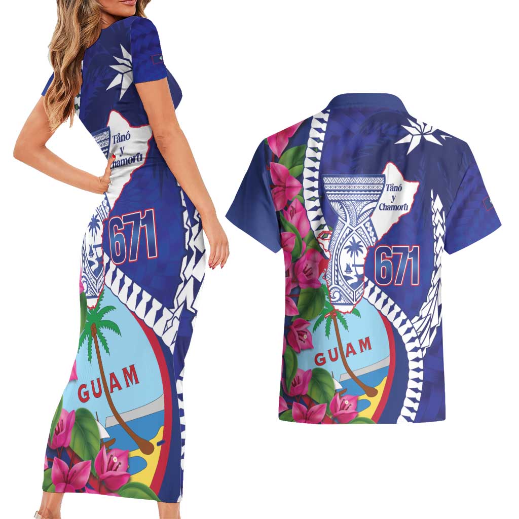 Biba Guam Liberation Day Couples Matching Short Sleeve Bodycon Dress and Hawaiian Shirt Tano y Chamoru Latte Stone Blue