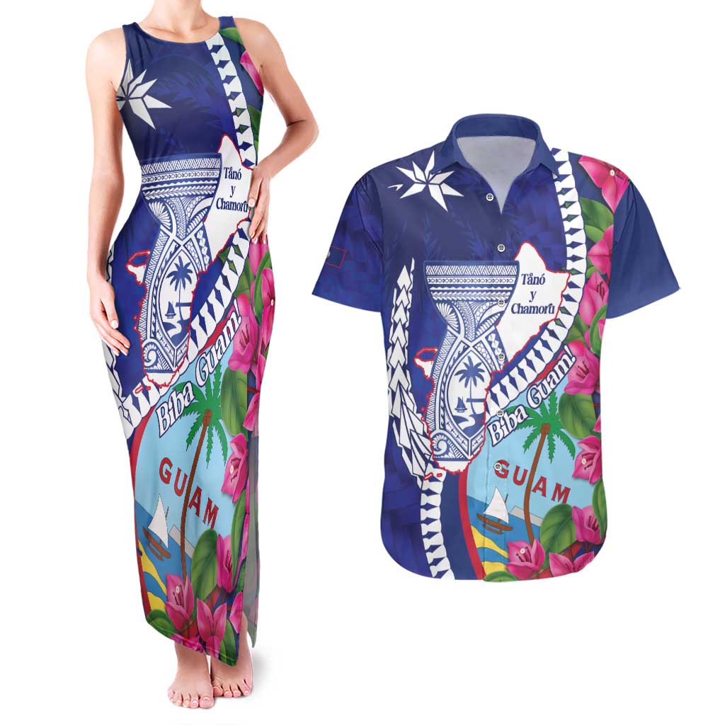Biba Guam Liberation Day Couples Matching Tank Maxi Dress and Hawaiian Shirt Tano y Chamoru Latte Stone Blue
