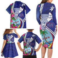 Biba Guam Liberation Day Family Matching Long Sleeve Bodycon Dress and Hawaiian Shirt Tano y Chamoru Latte Stone Blue LT14 - Polynesian Pride