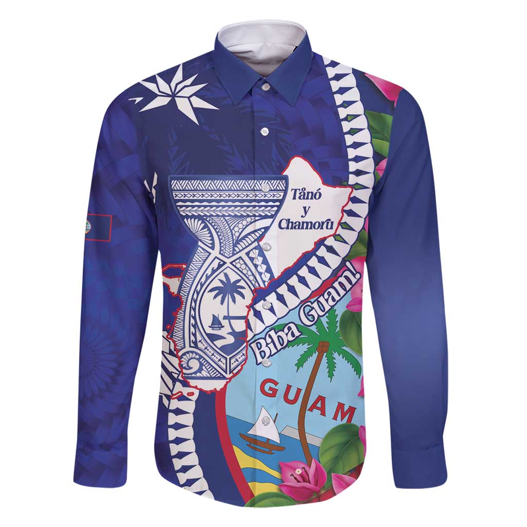 Biba Guam Liberation Day Family Matching Mermaid Dress and Hawaiian Shirt Tano y Chamoru Latte Stone Blue LT14 Dad's Shirt - Long Sleeve Blue - Polynesian Pride