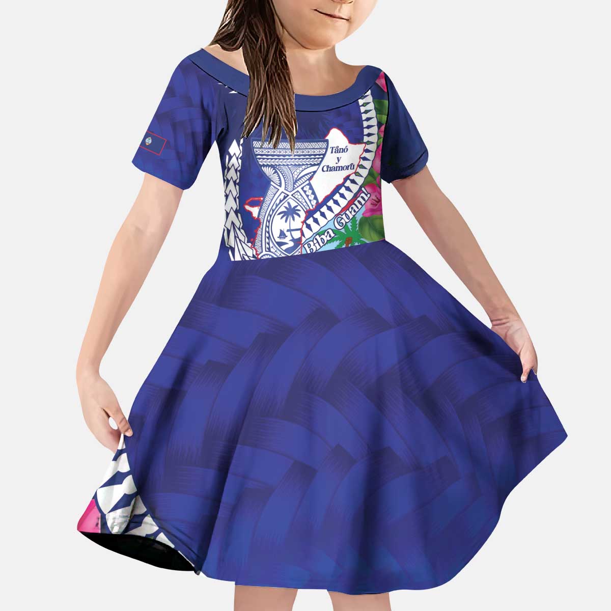 Biba Guam Liberation Day Kid Short Sleeve Dress Tano y Chamoru Latte Stone Blue