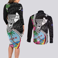 Biba Guam Liberation Day Couples Matching Long Sleeve Bodycon Dress and Long Sleeve Button Shirt Tano y Chamoru Latte Stone Black