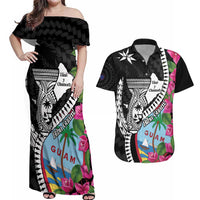Biba Guam Liberation Day Couples Matching Off Shoulder Maxi Dress and Hawaiian Shirt Tano y Chamoru Latte Stone Black
