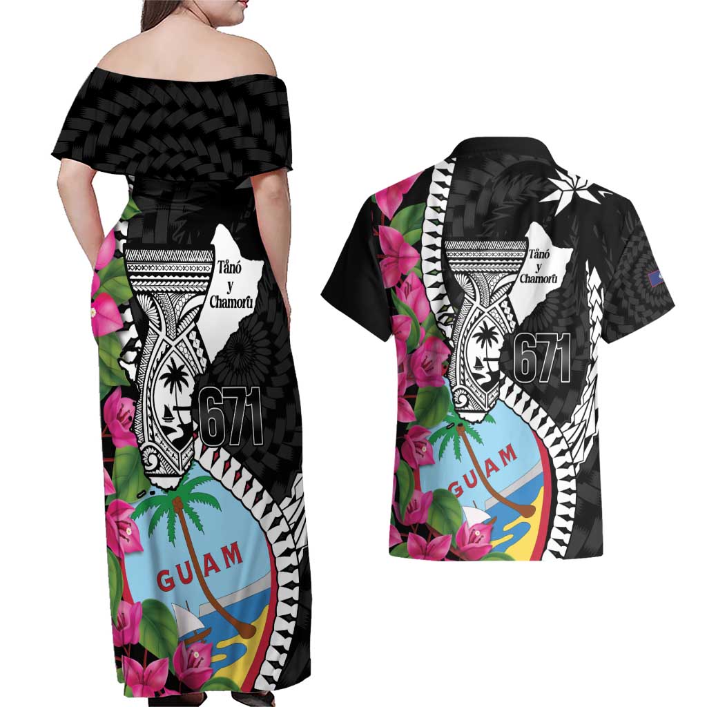 Biba Guam Liberation Day Couples Matching Off Shoulder Maxi Dress and Hawaiian Shirt Tano y Chamoru Latte Stone Black