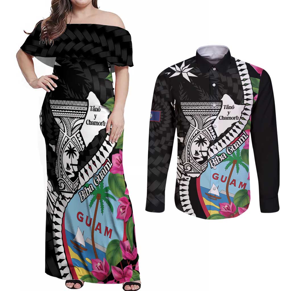 Biba Guam Liberation Day Couples Matching Off Shoulder Maxi Dress and Long Sleeve Button Shirt Tano y Chamoru Latte Stone Black