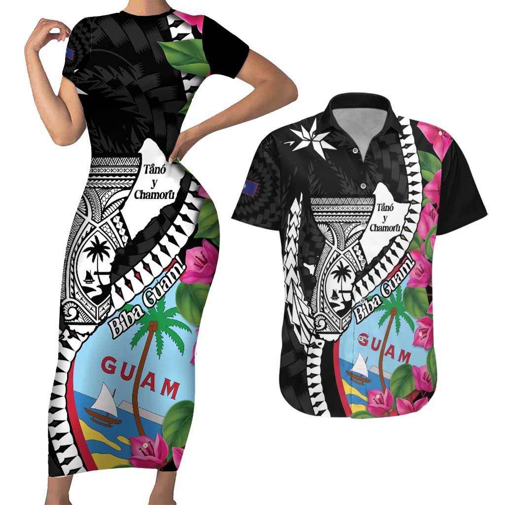 Biba Guam Liberation Day Couples Matching Short Sleeve Bodycon Dress and Hawaiian Shirt Tano y Chamoru Latte Stone Black