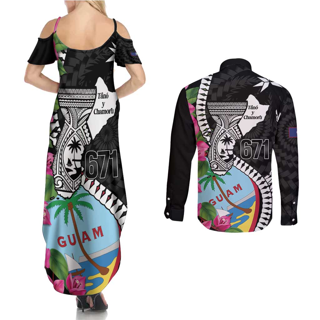 Biba Guam Liberation Day Couples Matching Summer Maxi Dress and Long Sleeve Button Shirt Tano y Chamoru Latte Stone Black