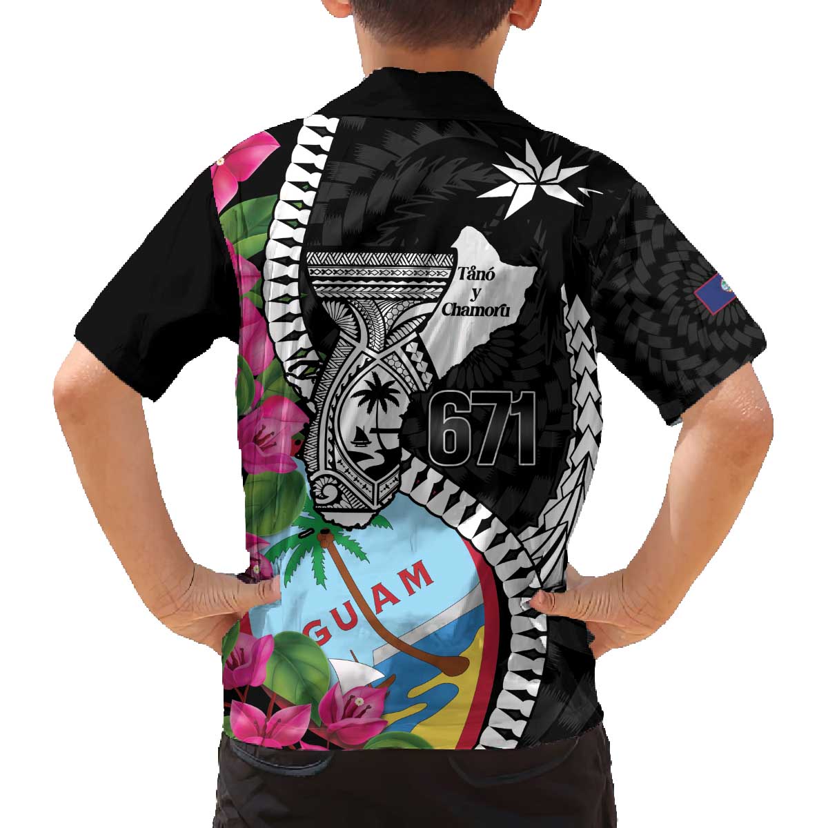 Biba Guam Liberation Day Family Matching Off The Shoulder Long Sleeve Dress and Hawaiian Shirt Tano y Chamoru Latte Stone Black LT14 - Polynesian Pride