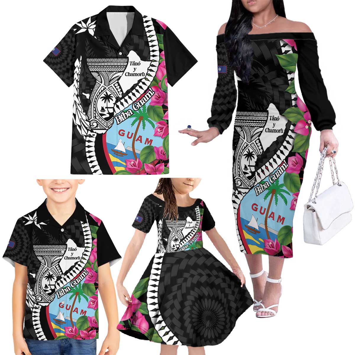 Biba Guam Liberation Day Family Matching Off The Shoulder Long Sleeve Dress and Hawaiian Shirt Tano y Chamoru Latte Stone Black
