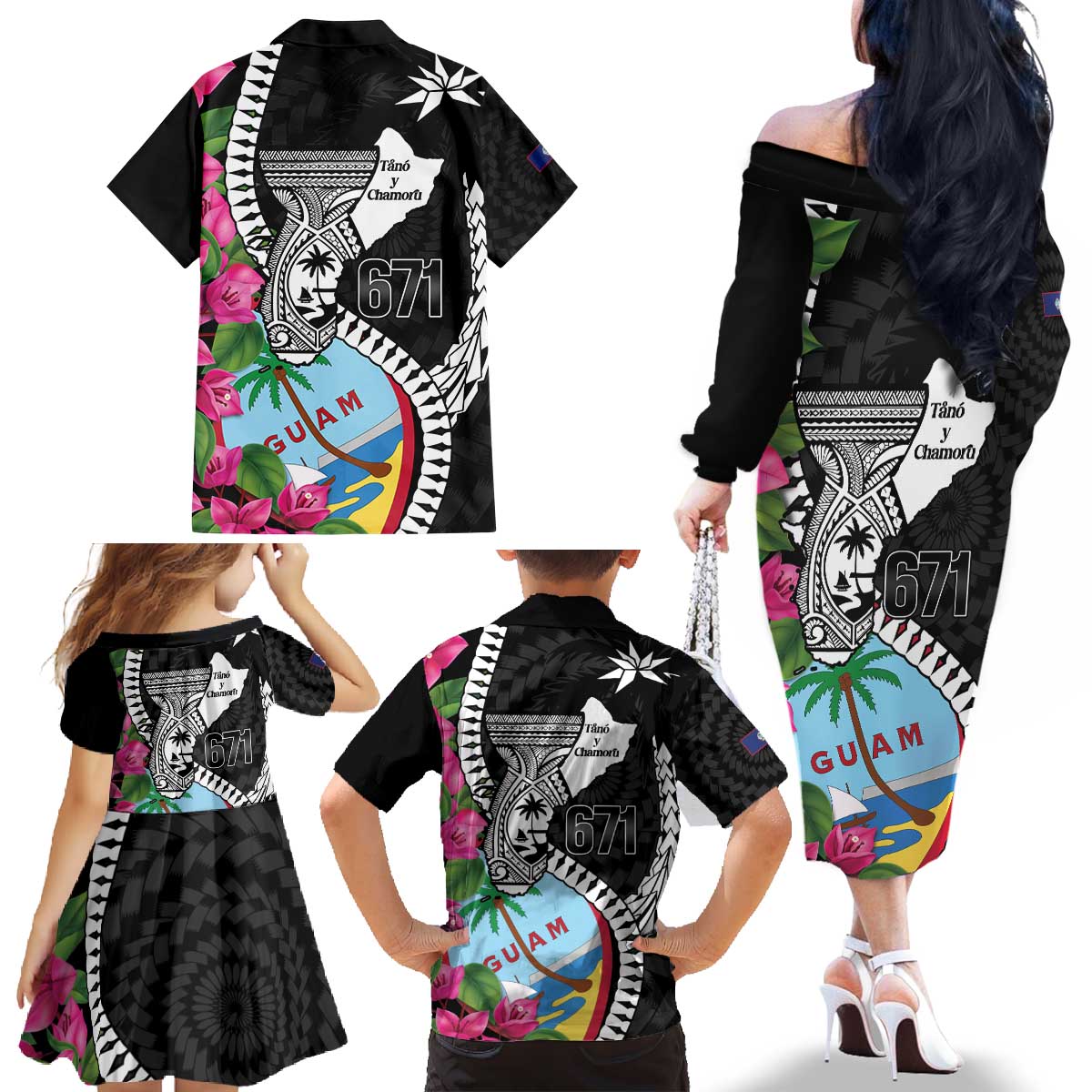 Biba Guam Liberation Day Family Matching Off The Shoulder Long Sleeve Dress and Hawaiian Shirt Tano y Chamoru Latte Stone Black LT14 - Polynesian Pride