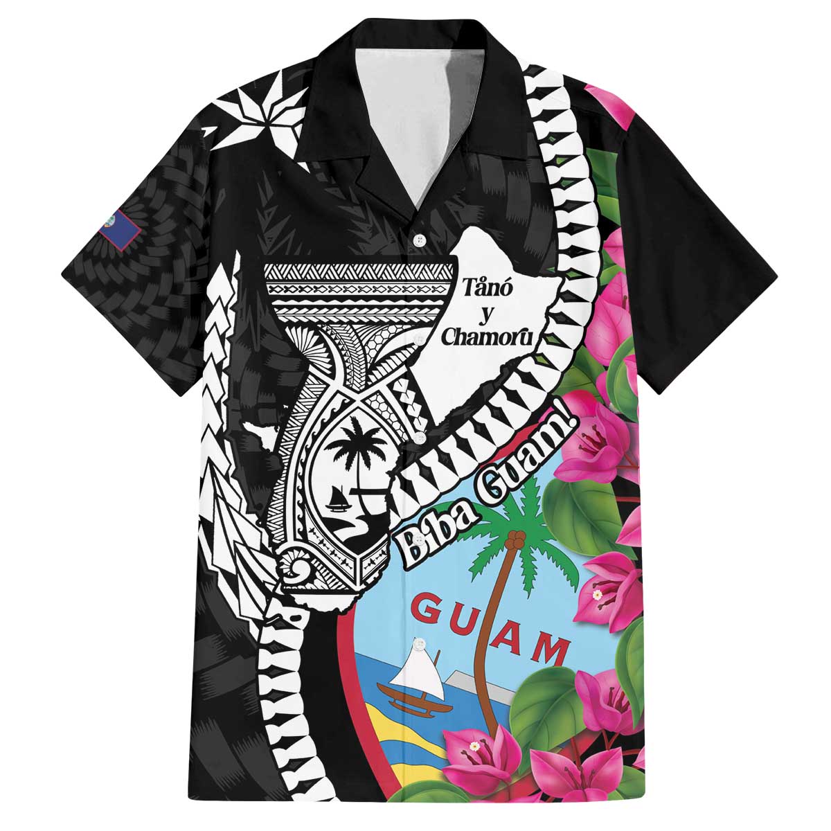 Biba Guam Liberation Day Family Matching Off The Shoulder Long Sleeve Dress and Hawaiian Shirt Tano y Chamoru Latte Stone Black LT14 Dad's Shirt - Short Sleeve Black - Polynesian Pride