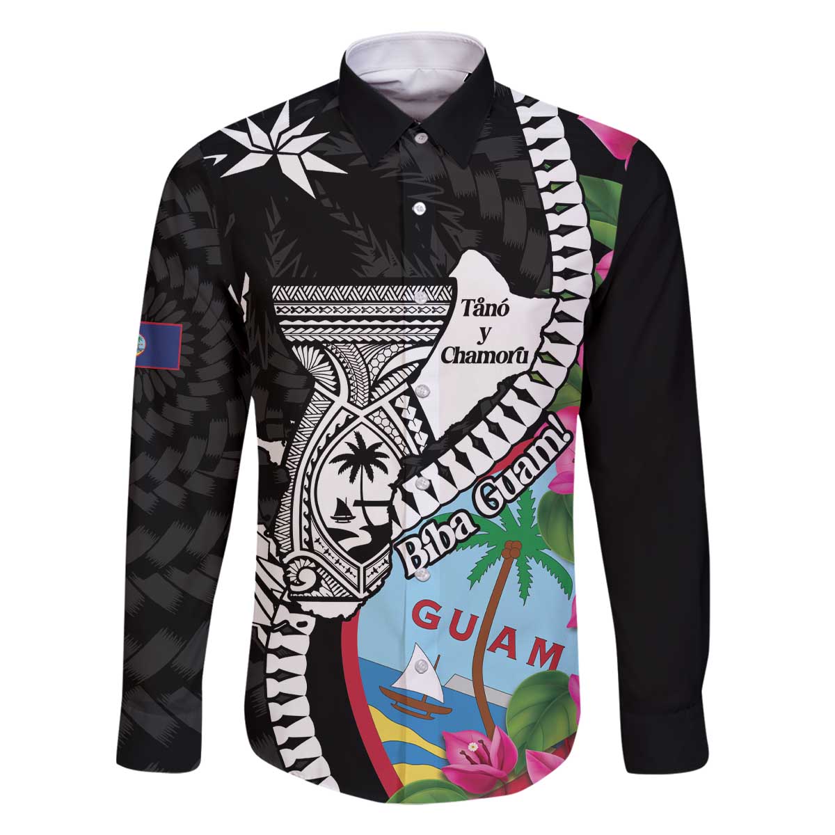 Biba Guam Liberation Day Family Matching Off The Shoulder Long Sleeve Dress and Hawaiian Shirt Tano y Chamoru Latte Stone Black LT14 Dad's Shirt - Long Sleeve Black - Polynesian Pride