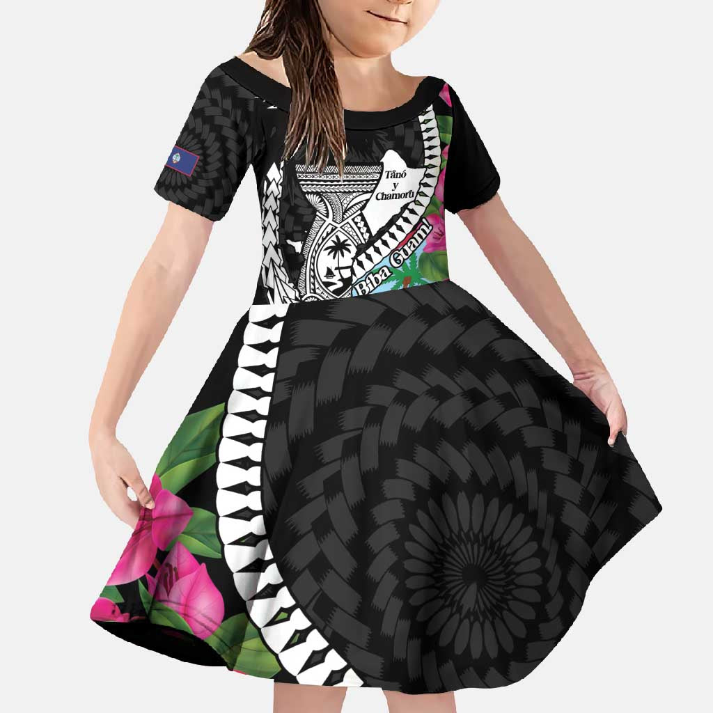 Biba Guam Liberation Day Family Matching Short Sleeve Bodycon Dress and Hawaiian Shirt Tano y Chamoru Latte Stone Black LT14 Daughter's Dress Black - Polynesian Pride