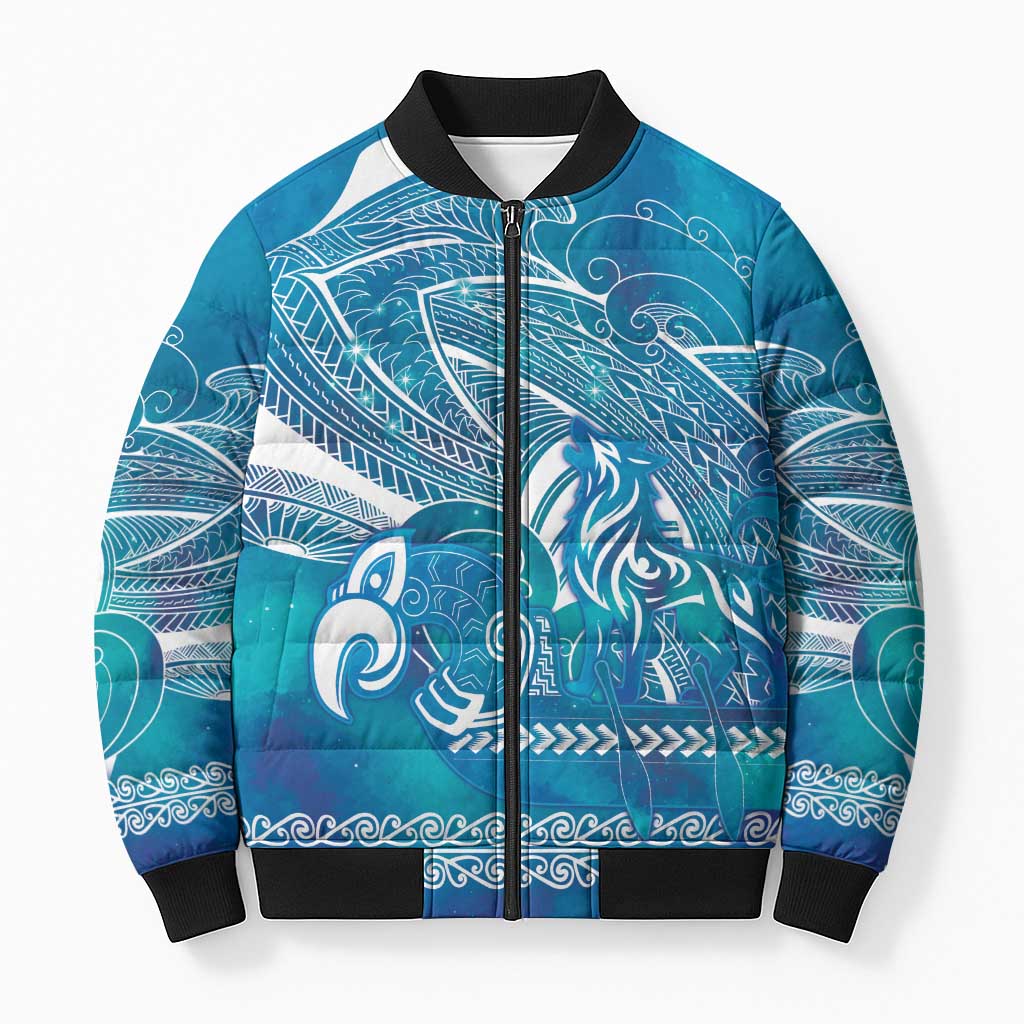 Kuri Dog Waka New Zealand Matariki Bomber Puffer Jacket Ocean Sharks Maori Tattoo