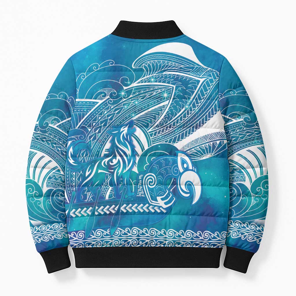 Kuri Dog Waka New Zealand Matariki Bomber Puffer Jacket Ocean Sharks Maori Tattoo