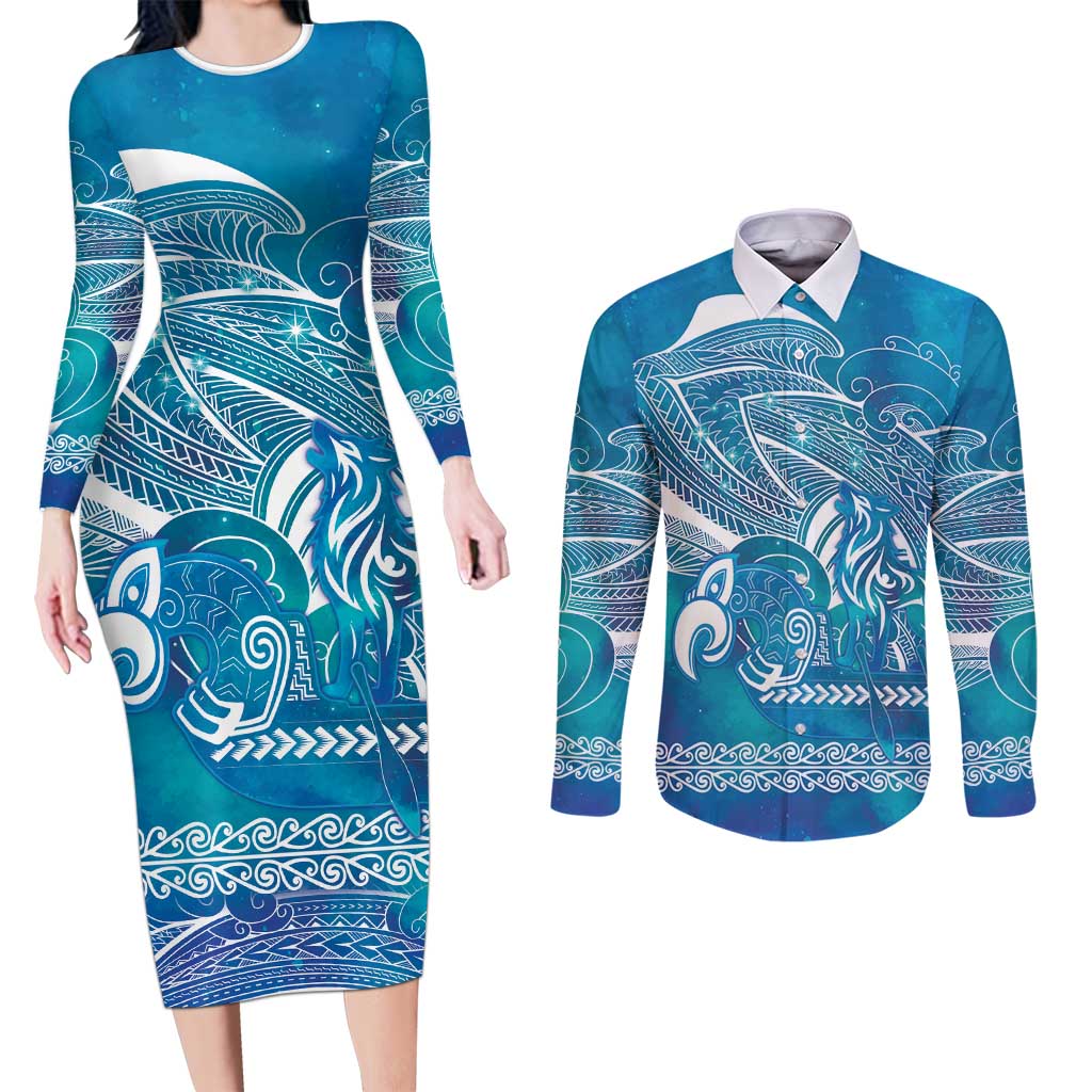 Kuri Dog Waka New Zealand Matariki Couples Matching Long Sleeve Bodycon Dress and Long Sleeve Button Shirt Ocean Sharks Maori Tattoo