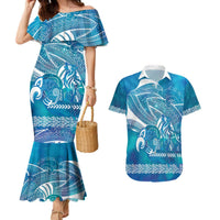 Kuri Dog Waka New Zealand Matariki Couples Matching Mermaid Dress and Hawaiian Shirt Ocean Sharks Maori Tattoo LT14 Blue - Polynesian Pride