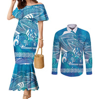 Kuri Dog Waka New Zealand Matariki Couples Matching Mermaid Dress and Long Sleeve Button Shirt Ocean Sharks Maori Tattoo LT14 Blue - Polynesian Pride