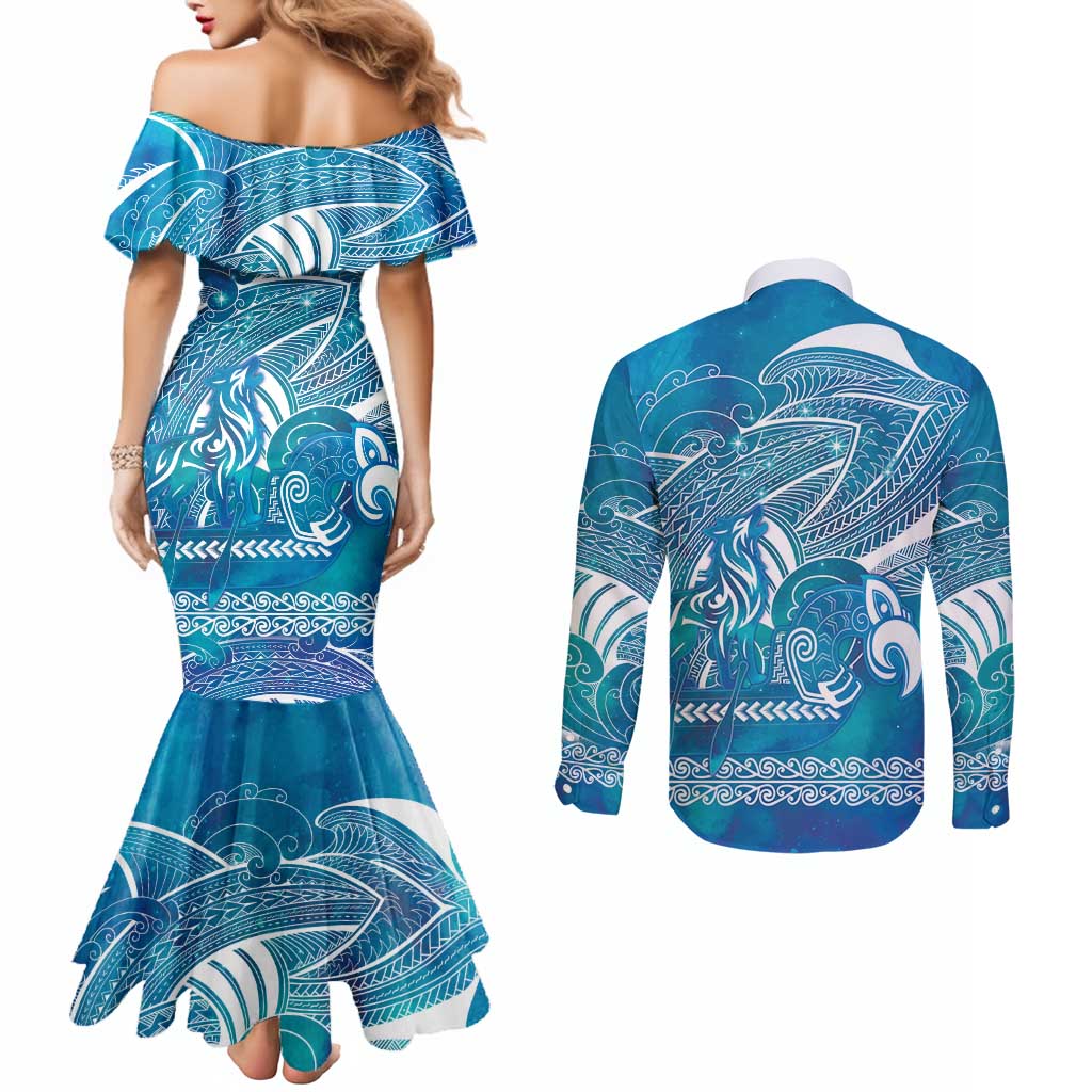 Kuri Dog Waka New Zealand Matariki Couples Matching Mermaid Dress and Long Sleeve Button Shirt Ocean Sharks Maori Tattoo LT14 - Polynesian Pride