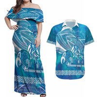 Kuri Dog Waka New Zealand Matariki Couples Matching Off Shoulder Maxi Dress and Hawaiian Shirt Ocean Sharks Maori Tattoo LT14 Blue - Polynesian Pride