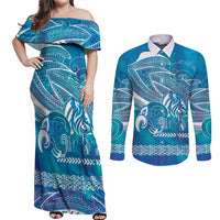 Kuri Dog Waka New Zealand Matariki Couples Matching Off Shoulder Maxi Dress and Long Sleeve Button Shirt Ocean Sharks Maori Tattoo LT14 Blue - Polynesian Pride