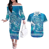 Kuri Dog Waka New Zealand Matariki Couples Matching Off The Shoulder Long Sleeve Dress and Hawaiian Shirt Ocean Sharks Maori Tattoo LT14 Blue - Polynesian Pride