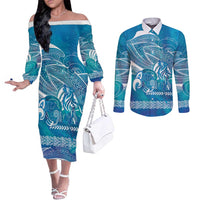Kuri Dog Waka New Zealand Matariki Couples Matching Off The Shoulder Long Sleeve Dress and Long Sleeve Button Shirt Ocean Sharks Maori Tattoo LT14 Blue - Polynesian Pride