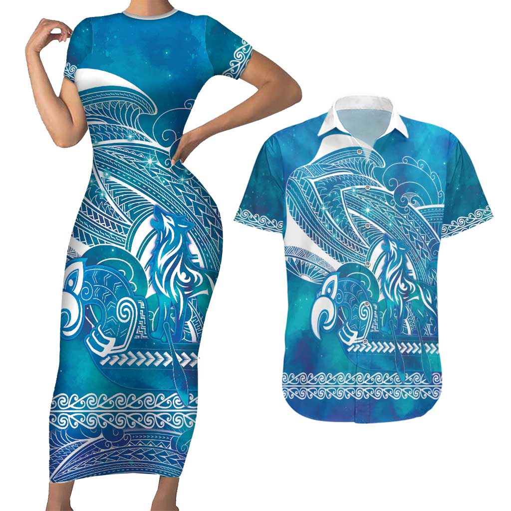 Kuri Dog Waka New Zealand Matariki Couples Matching Short Sleeve Bodycon Dress and Hawaiian Shirt Ocean Sharks Maori Tattoo LT14 Blue - Polynesian Pride