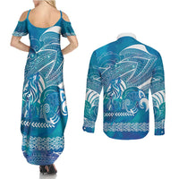 Kuri Dog Waka New Zealand Matariki Couples Matching Summer Maxi Dress and Long Sleeve Button Shirt Ocean Sharks Maori Tattoo LT14 - Polynesian Pride