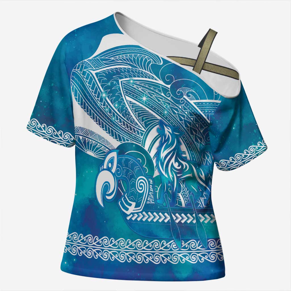 Kuri Dog Waka New Zealand Matariki Cross Shoulder Shirt Ocean Sharks Maori Tattoo LT14 Female Blue - Polynesian Pride