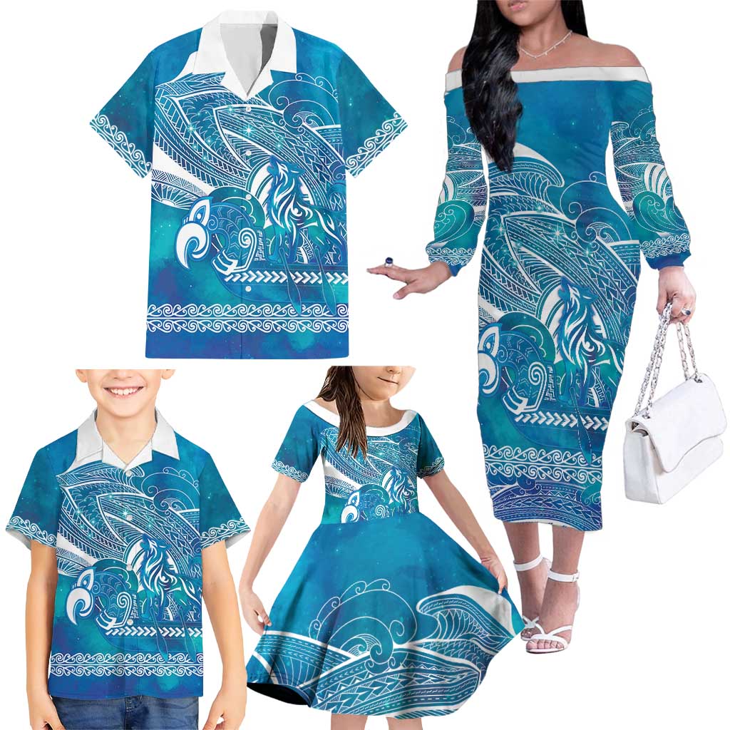 Kuri Dog Waka New Zealand Matariki Family Matching Off The Shoulder Long Sleeve Dress and Hawaiian Shirt Ocean Sharks Maori Tattoo LT14 - Polynesian Pride