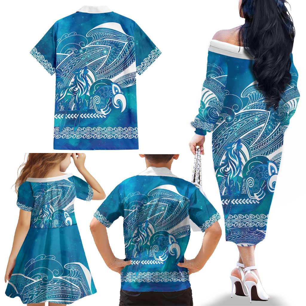Kuri Dog Waka New Zealand Matariki Family Matching Off The Shoulder Long Sleeve Dress and Hawaiian Shirt Ocean Sharks Maori Tattoo LT14 - Polynesian Pride
