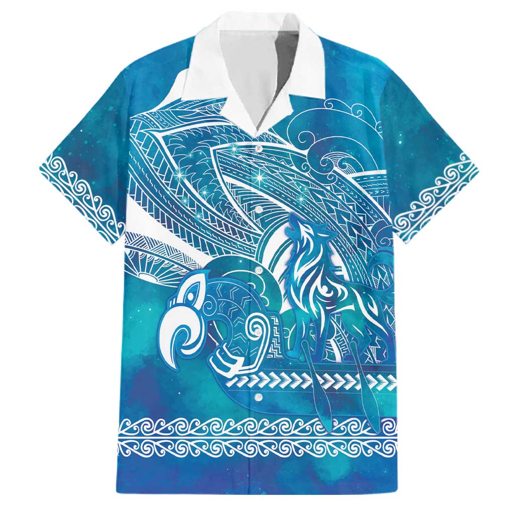 Kuri Dog Waka New Zealand Matariki Family Matching Off The Shoulder Long Sleeve Dress and Hawaiian Shirt Ocean Sharks Maori Tattoo LT14 Dad's Shirt - Short Sleeve Blue - Polynesian Pride