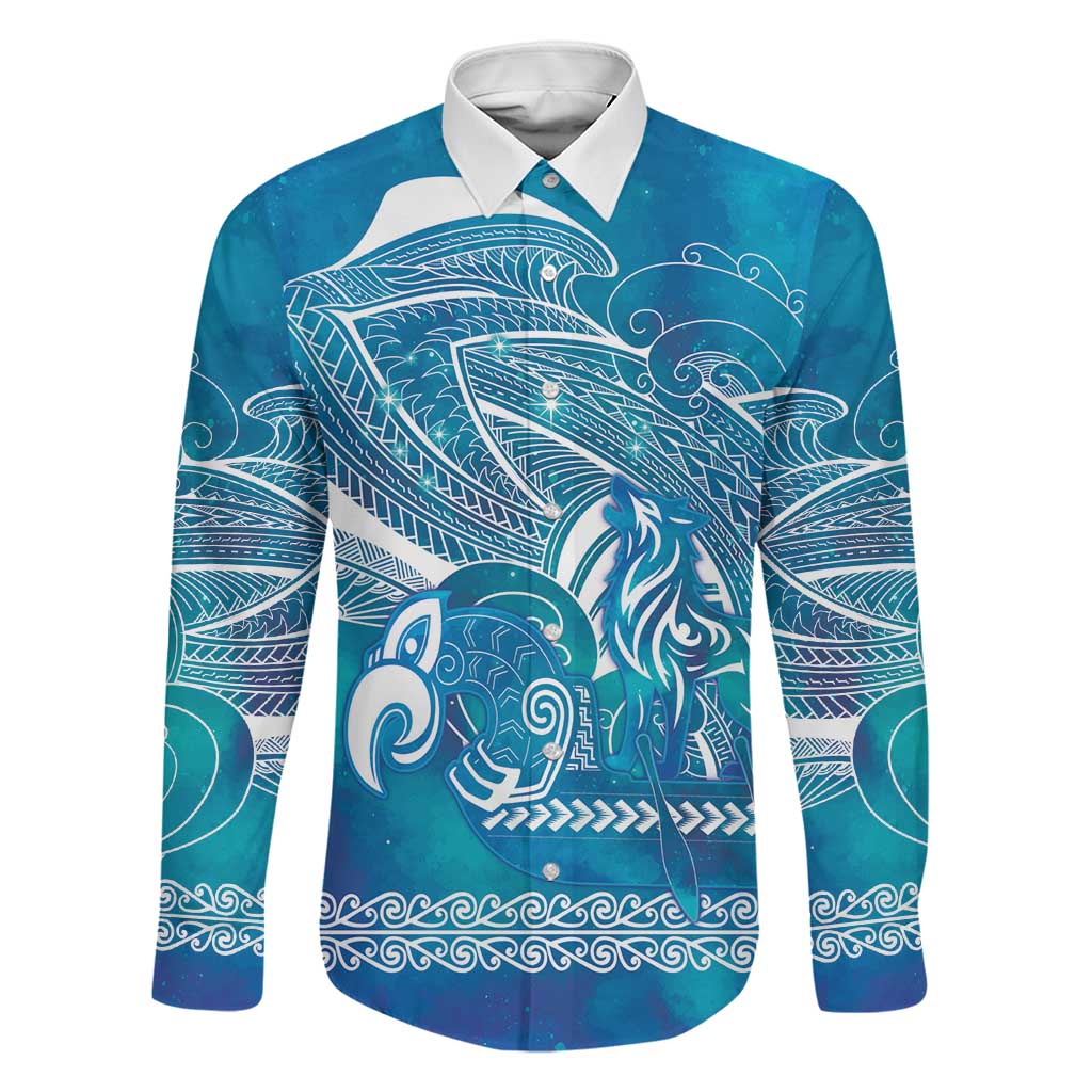Kuri Dog Waka New Zealand Matariki Family Matching Off The Shoulder Long Sleeve Dress and Hawaiian Shirt Ocean Sharks Maori Tattoo LT14 Dad's Shirt - Long Sleeve Blue - Polynesian Pride