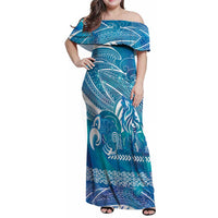 Kuri Dog Waka New Zealand Matariki Family Matching Off Shoulder Maxi Dress and Hawaiian Shirt Ocean Sharks Maori Tattoo LT14 Mom's Dress Blue - Polynesian Pride