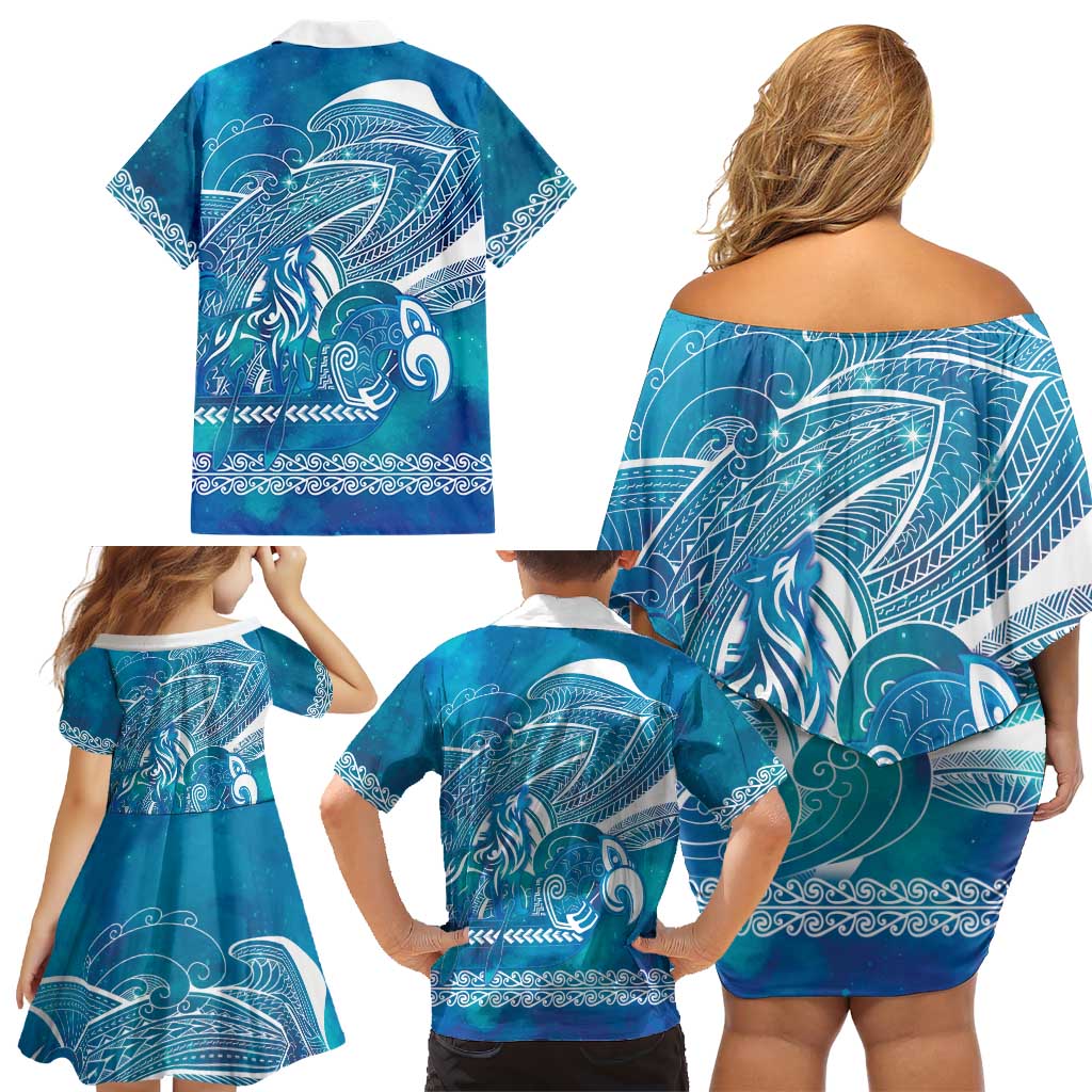 Kuri Dog Waka New Zealand Matariki Family Matching Off Shoulder Short Dress and Hawaiian Shirt Ocean Sharks Maori Tattoo LT14 - Polynesian Pride